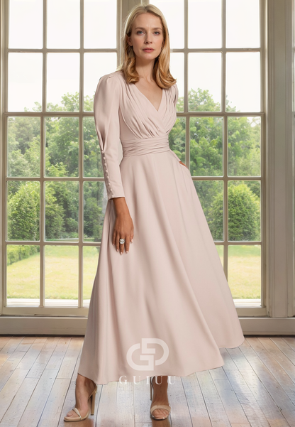 A-Line V Neck Long Sleeves Pleated Tea Length Chiffon Mother of Bride Dress