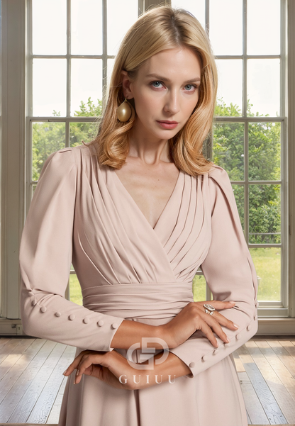 A-Line V Neck Long Sleeves Pleated Tea Length Chiffon Mother of Bride Dress