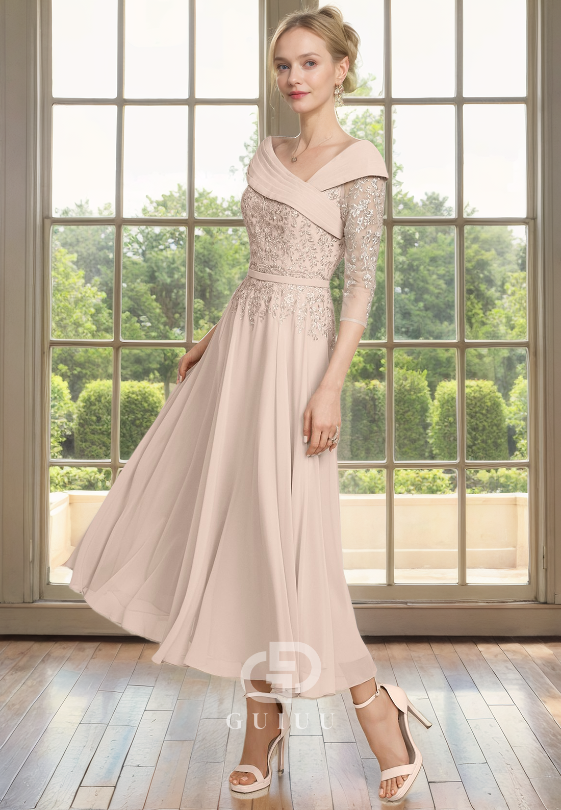 A-Line Off Shoulder 34 Length Sleeves Lace Appliques Pleated Tea Length Mother of Bride Dress