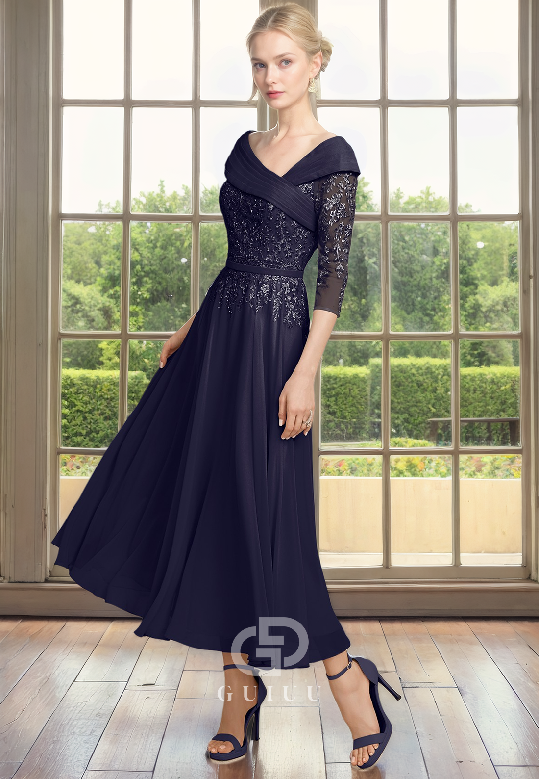 A-Line Off Shoulder 34 Length Sleeves Lace Appliques Pleated Tea Length Mother of Bride Dress