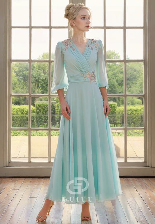 A-Line V Neck 34 Length Sleeves Pleated Appliques Tea Length Chiffon Mother of Bride Dress