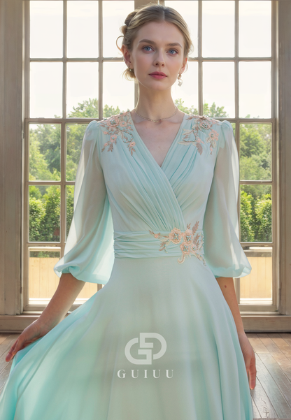 A-Line V Neck 34 Length Sleeves Pleated Appliques Tea Length Chiffon Mother of Bride Dress