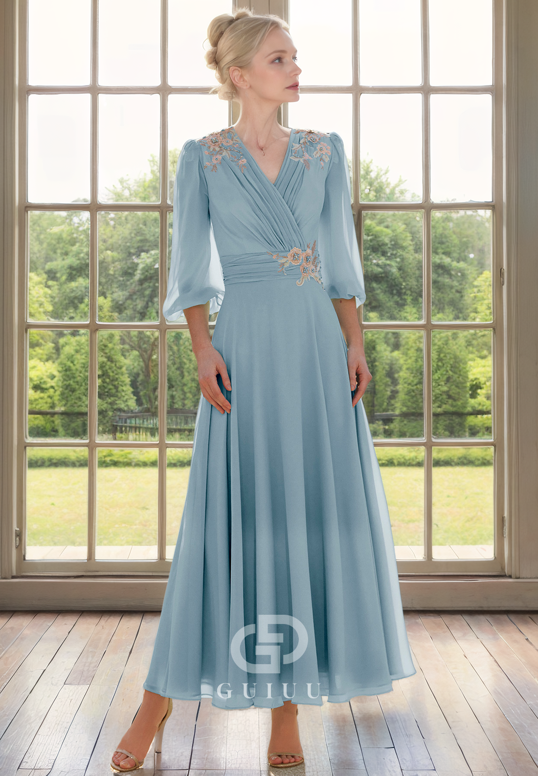 A-Line V Neck 34 Length Sleeves Pleated Appliques Tea Length Chiffon Mother of Bride Dress