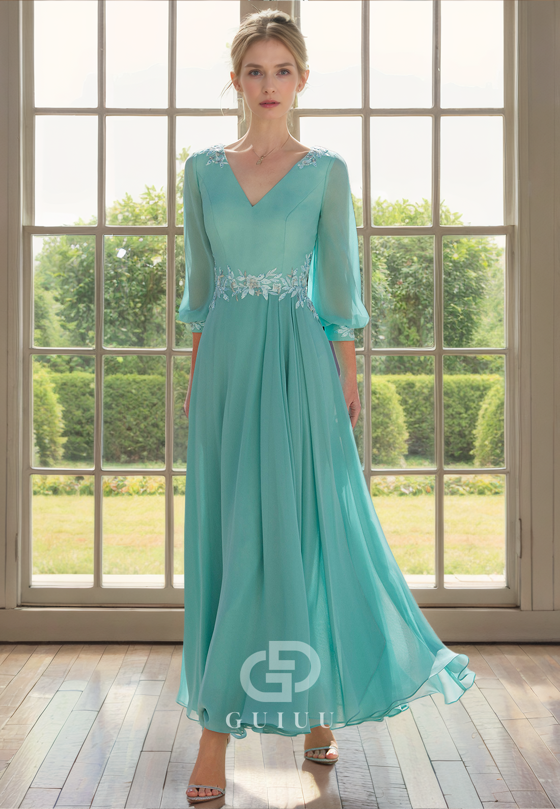 A-Line V Neck 34 Length Sleeves Beaded Pleated Chiffon Mother of Bride Dress