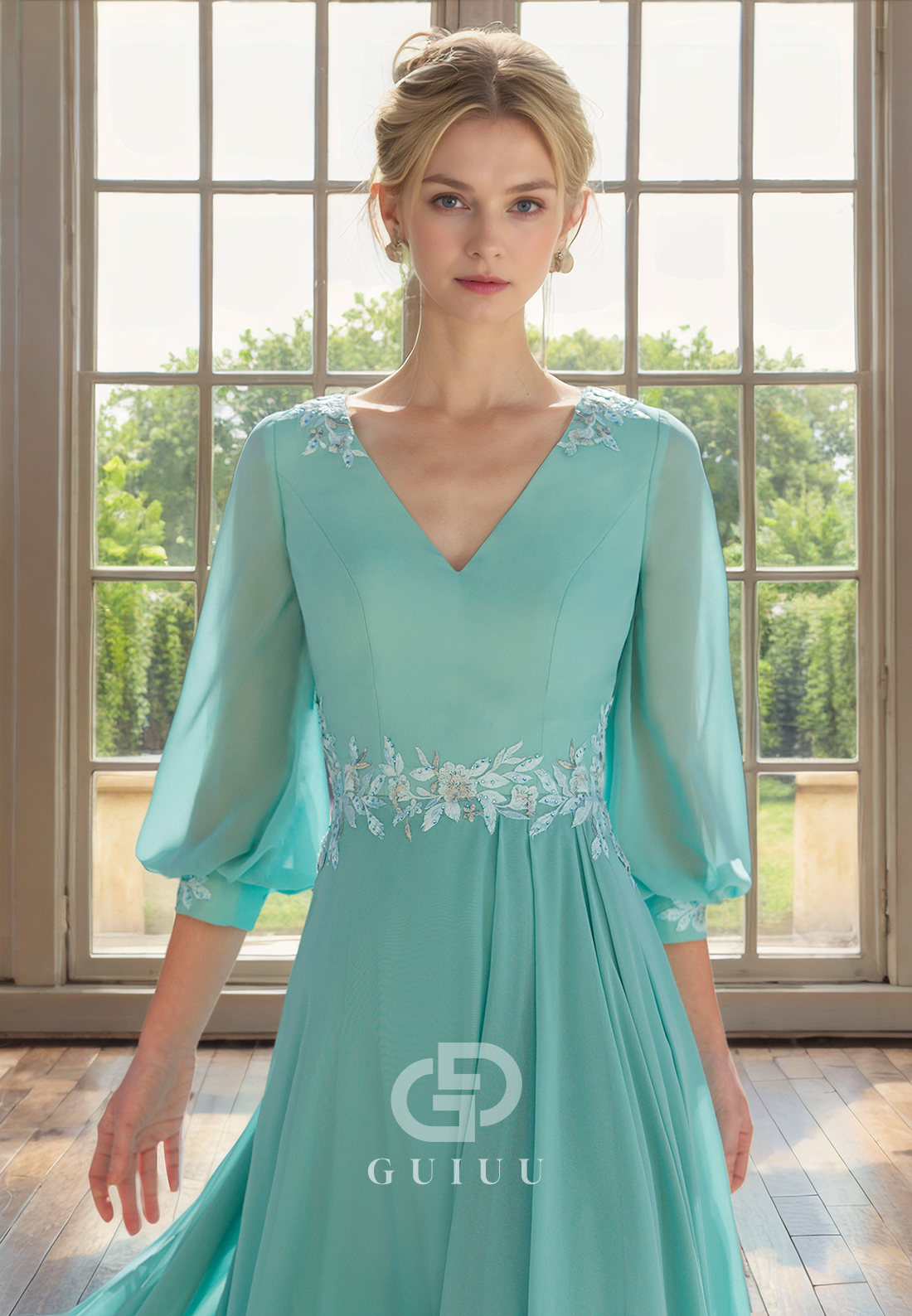 A-Line V Neck 34 Length Sleeves Beaded Pleated Chiffon Mother of Bride Dress