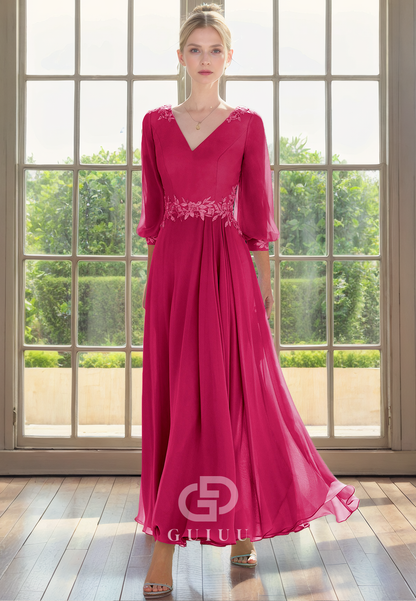 A-Line V Neck 34 Length Sleeves Beaded Pleated Chiffon Mother of Bride Dress