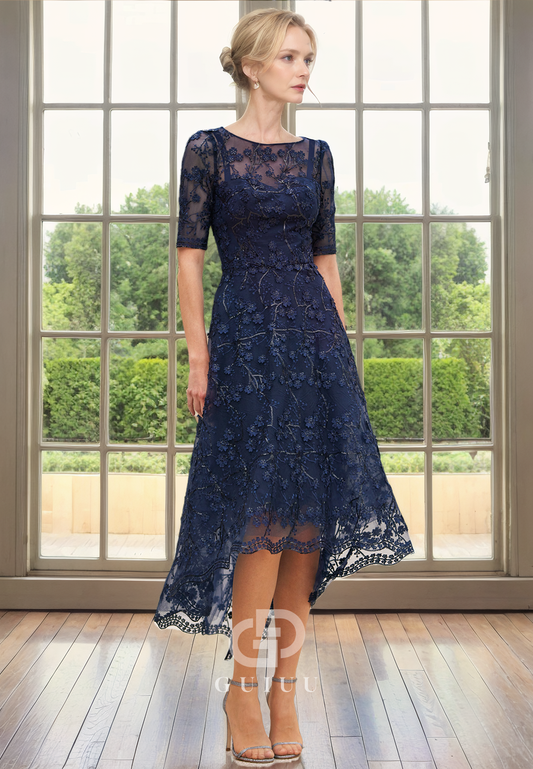 A-Line Scoop Neck Half Sleeves Fully Lace Sequines High Low Mother of Bride Dress