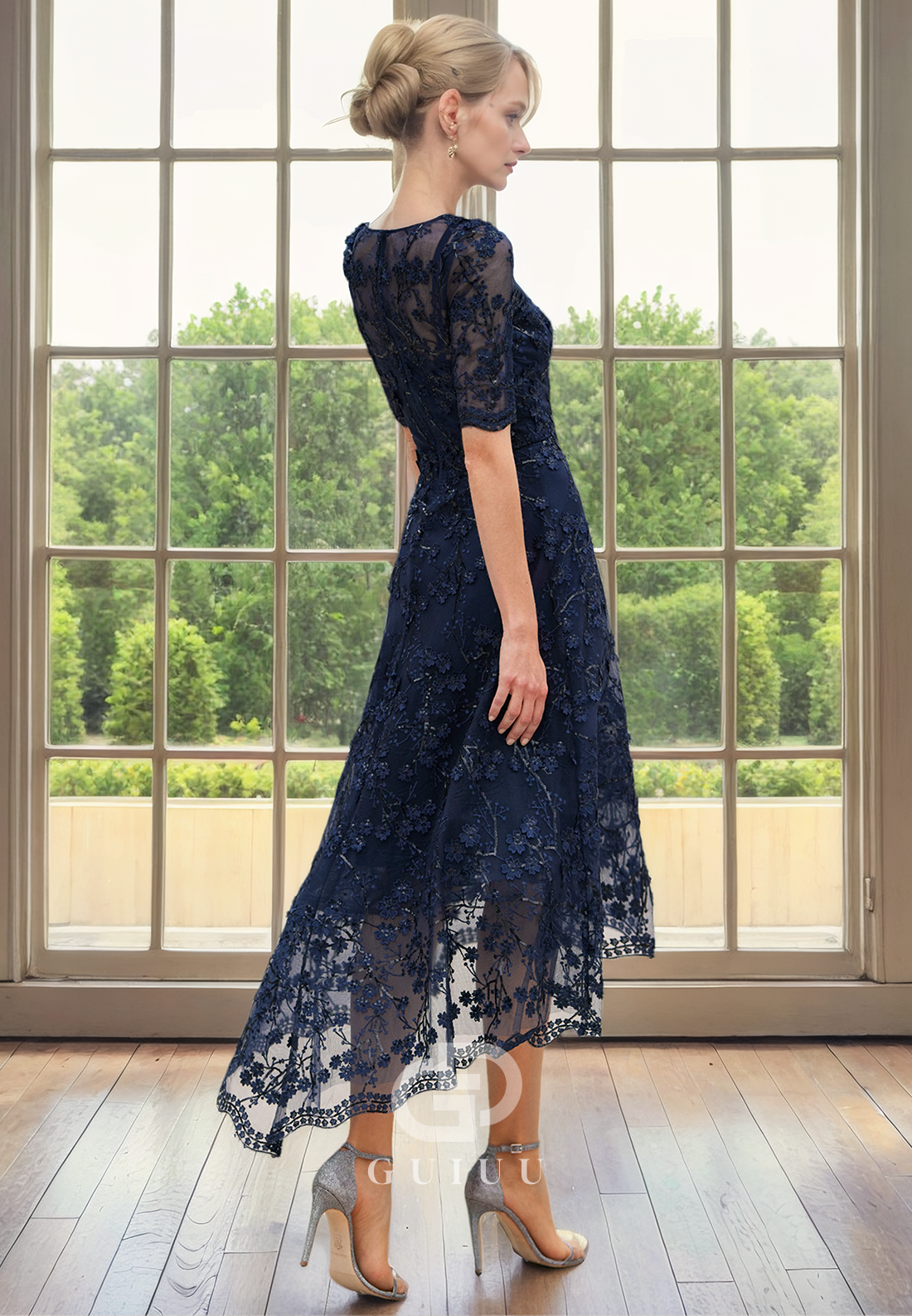 A-Line Scoop Neck Half Sleeves Fully Lace Sequines High Low Mother of Bride Dress