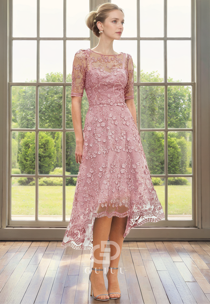 A-Line Scoop Neck Half Sleeves Fully Lace Sequines High Low Mother of Bride Dress