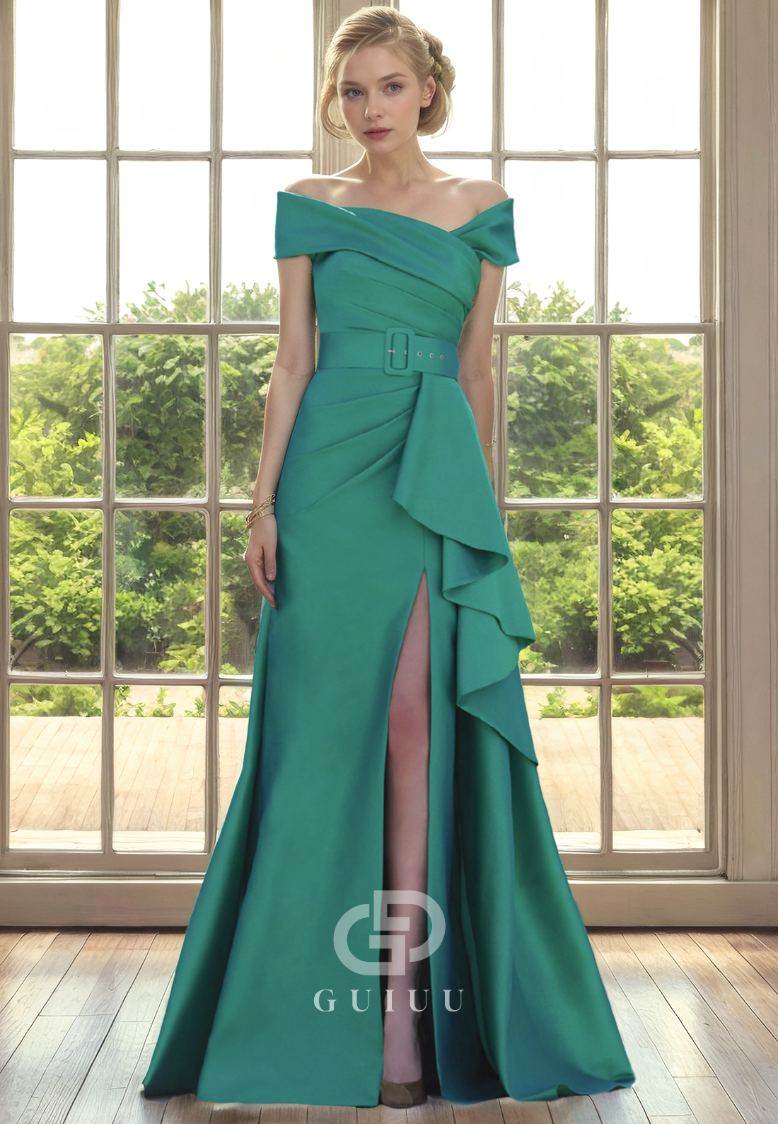 GM282 -  A-Line Off Shoulder Short Sleeves Pleated Ruffles Cocktail Dress with Slit