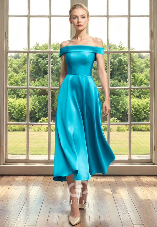 A-Line Off Shoulder Sleeveless Tea Length Satin Mother of Bride Dress