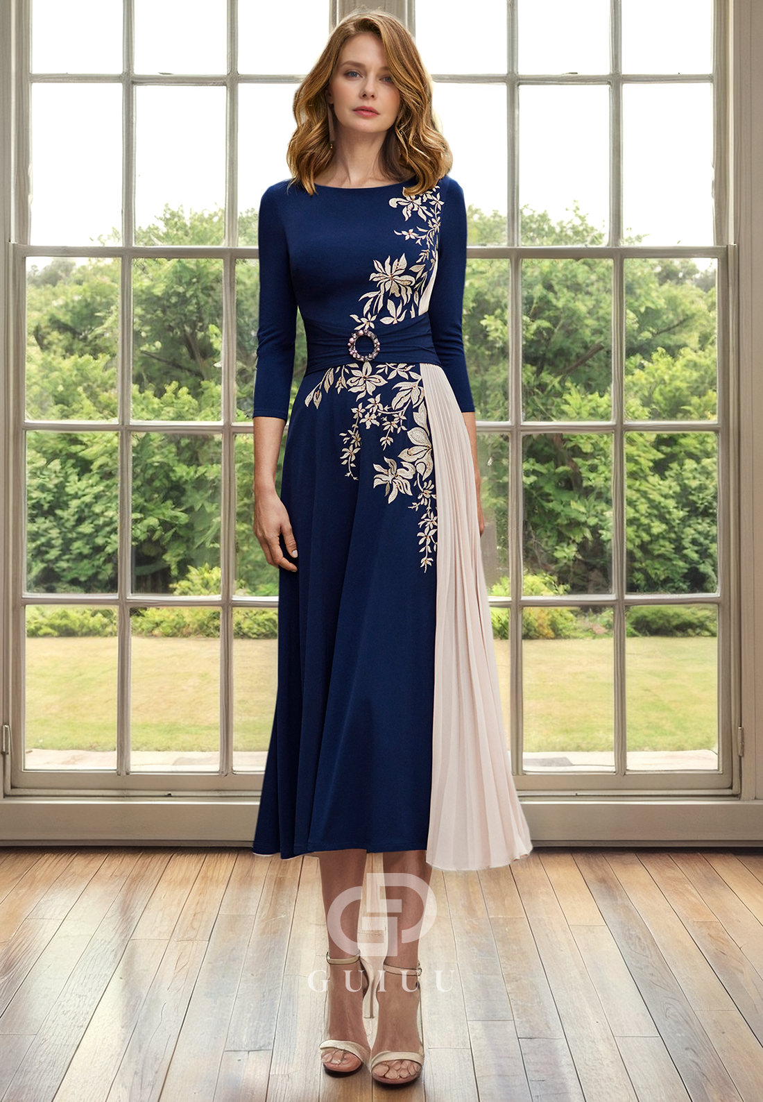 A-Line Scoop Neck 34 Length Sleeves Pleated Appliques Back Zipper Tea Length Mother of Bride Dress