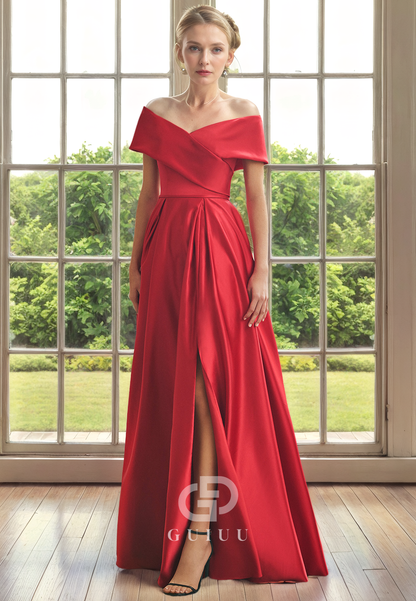 A-Line Off Shoulder Sleeveless Pleated Back Zipper Mother of Bride Dress with Side Slit