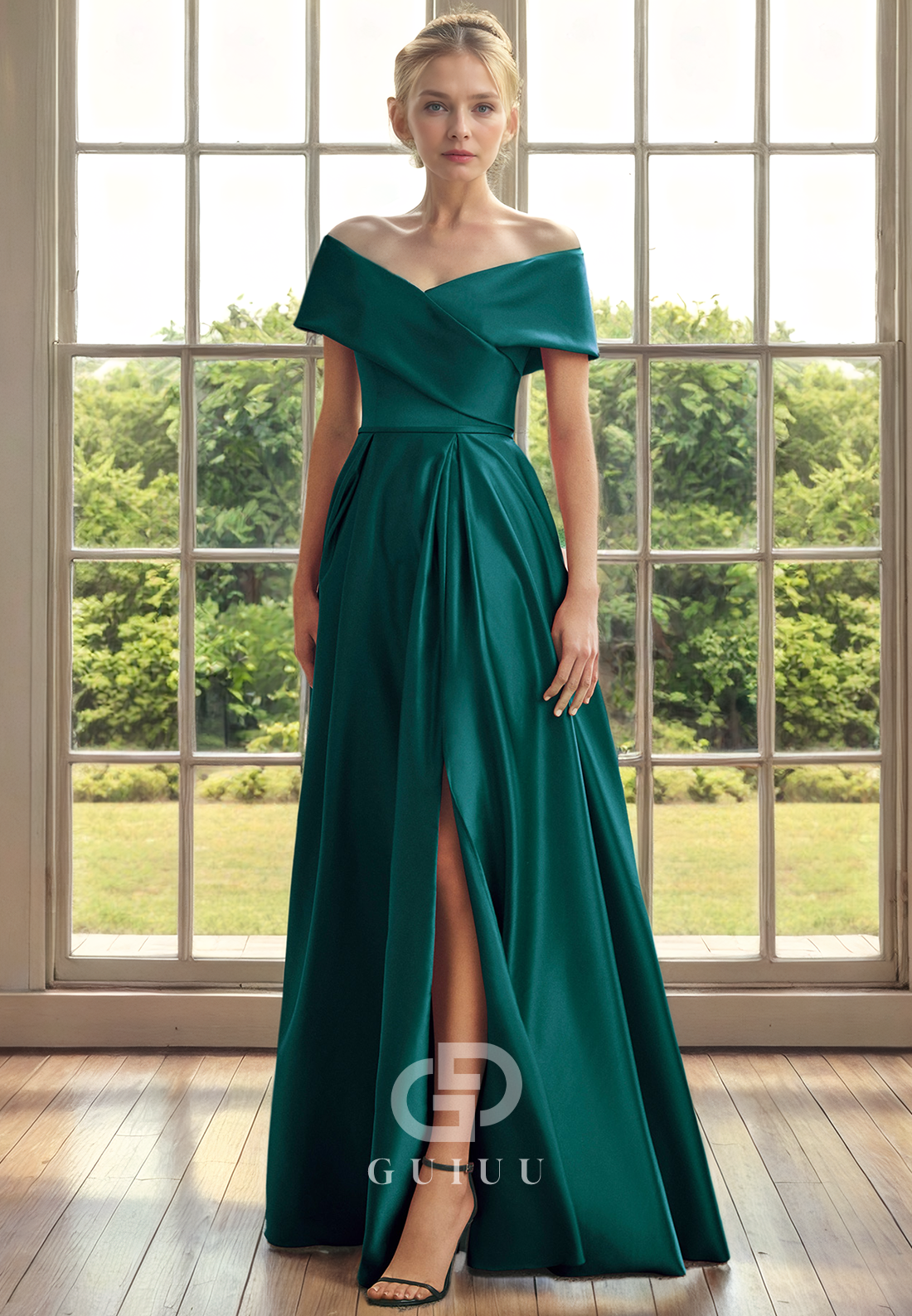 A-Line Off Shoulder Sleeveless Pleated Back Zipper Mother of Bride Dress with Side Slit