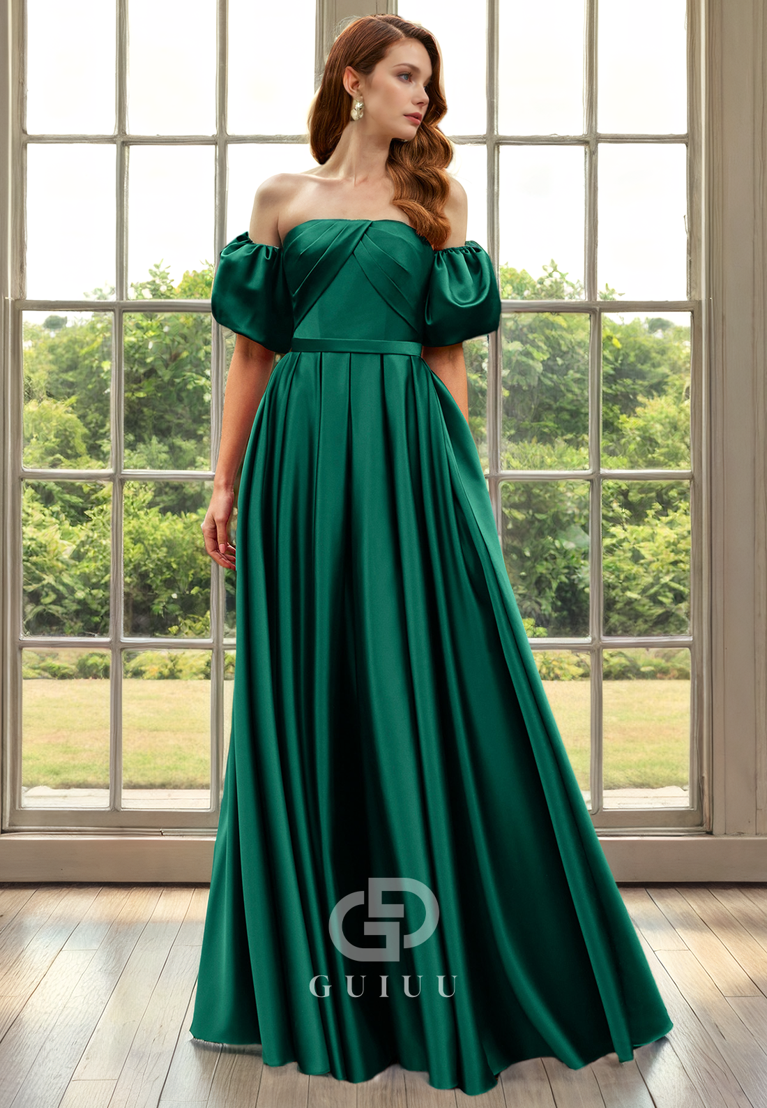 A-Line Off Shoudler Half Lantern Sleeves Pleated Long Satin Mother of Bride Dress