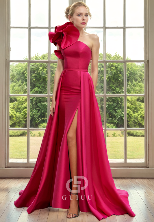 Sheath One Shoulder Sleeveless Ruffles Satin Mother of Bride Dress with Side Slit and Detachable Train