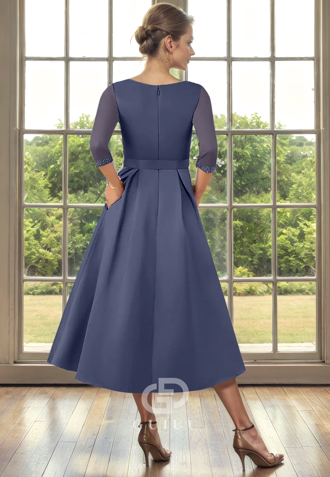 A-Line V Neck 34 Length Sleeves Pleated Back Zipper Mother of Bride Dress with Bow Knot