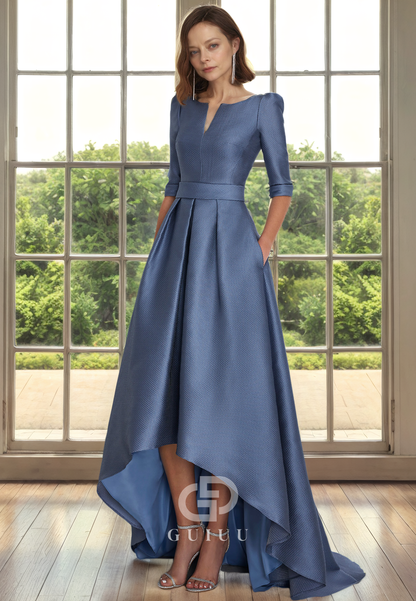 A-Ling Scoop Neck Half Sleeves Pleated High Low Mother of Bride Dress