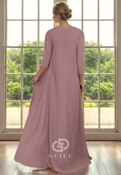 Two Pieces A-Line Round Neck 34 Length Sleeves Appliques Chiffon Mother of Bride Dress