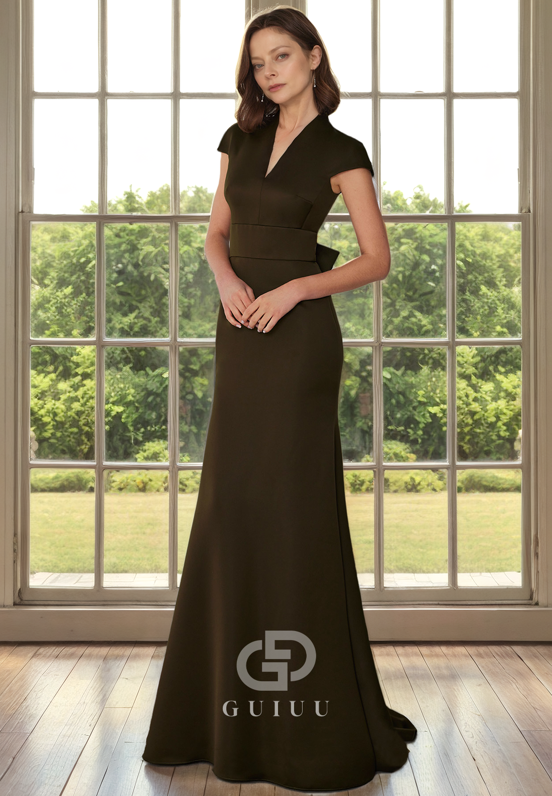 A-Line V Neck Cap Sleeves Long Mother of Bride Dress with Train