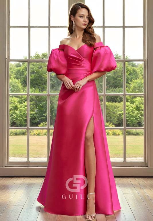 A-Line Off Shoulder Detachable Half Lantern Sleeves Pleated Mother of Bride Dress