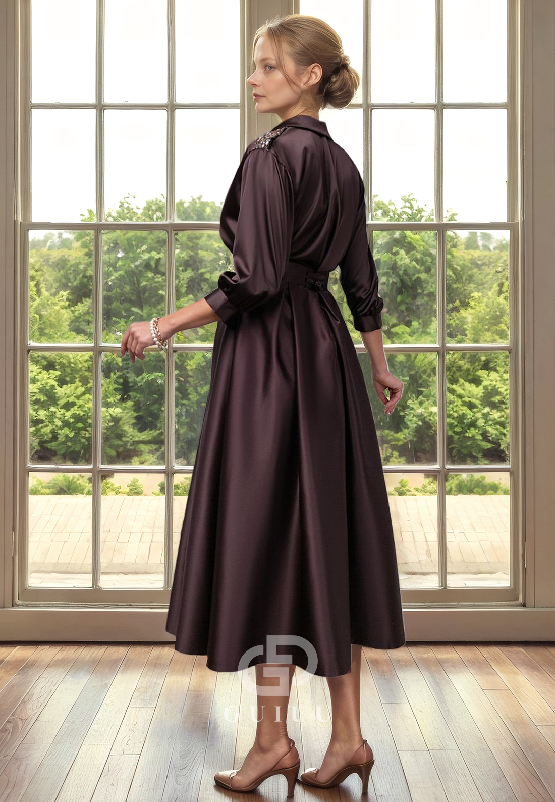 A-Line V Neck 34 Length Sleeves Tea Length Mother of Bride Dress