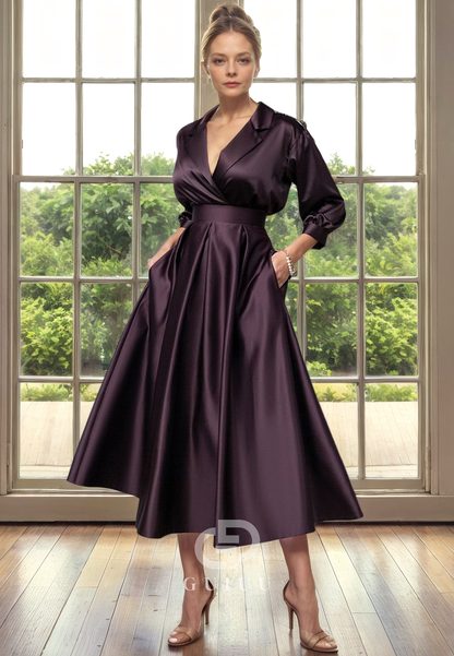 A-Line V Neck 34 Length Sleeves Tea Length Mother of Bride Dress