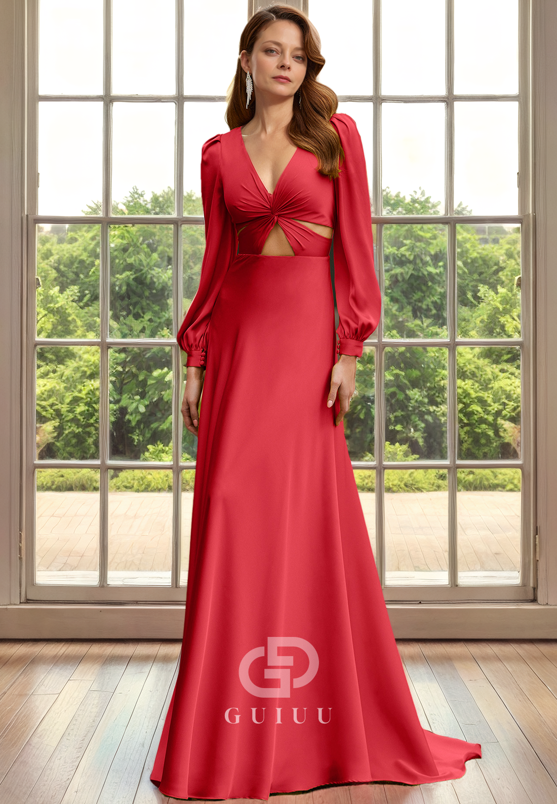 Sheath V Neck Long Sleeves Pleated Long Mother of Bride Dress