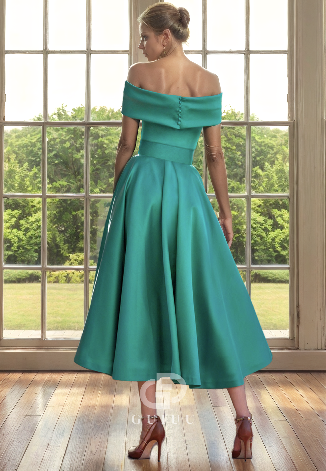 A-Line Off Shoulder Sleeveless Pleated Side Zipper Tea Length Mother of Bride Dress