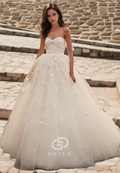 A-Line Charming Sweetheart Wedding Dress with Flower Lace  and Sweep Train Sleeveless