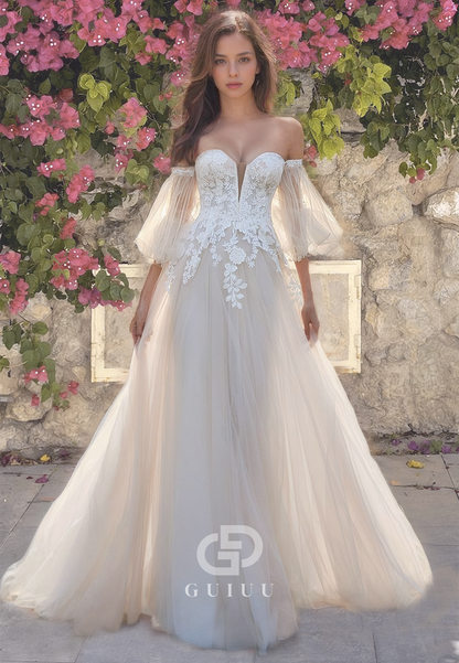 A-Line Gorgeous & Charming White Pleated Wedding Dress with Lace Appliques and Sleeves