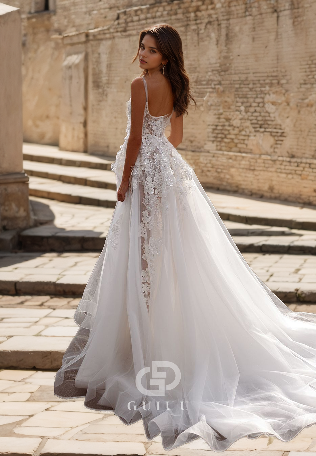 A-Line Lace Appliques Beaded Tulle Wedding Dress with Sweep Train