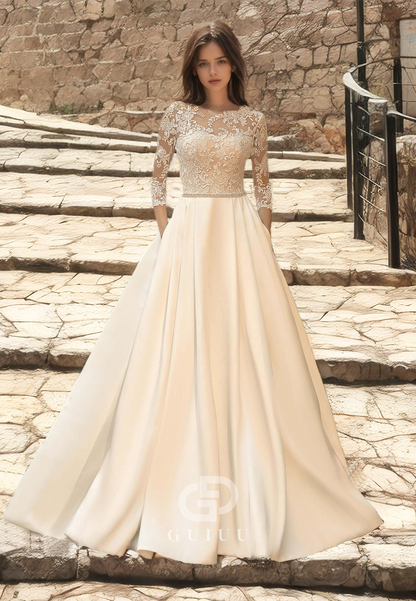 A-Line Lace Appliques Lace-Up Wedding Dress with Pockets and Sleeves