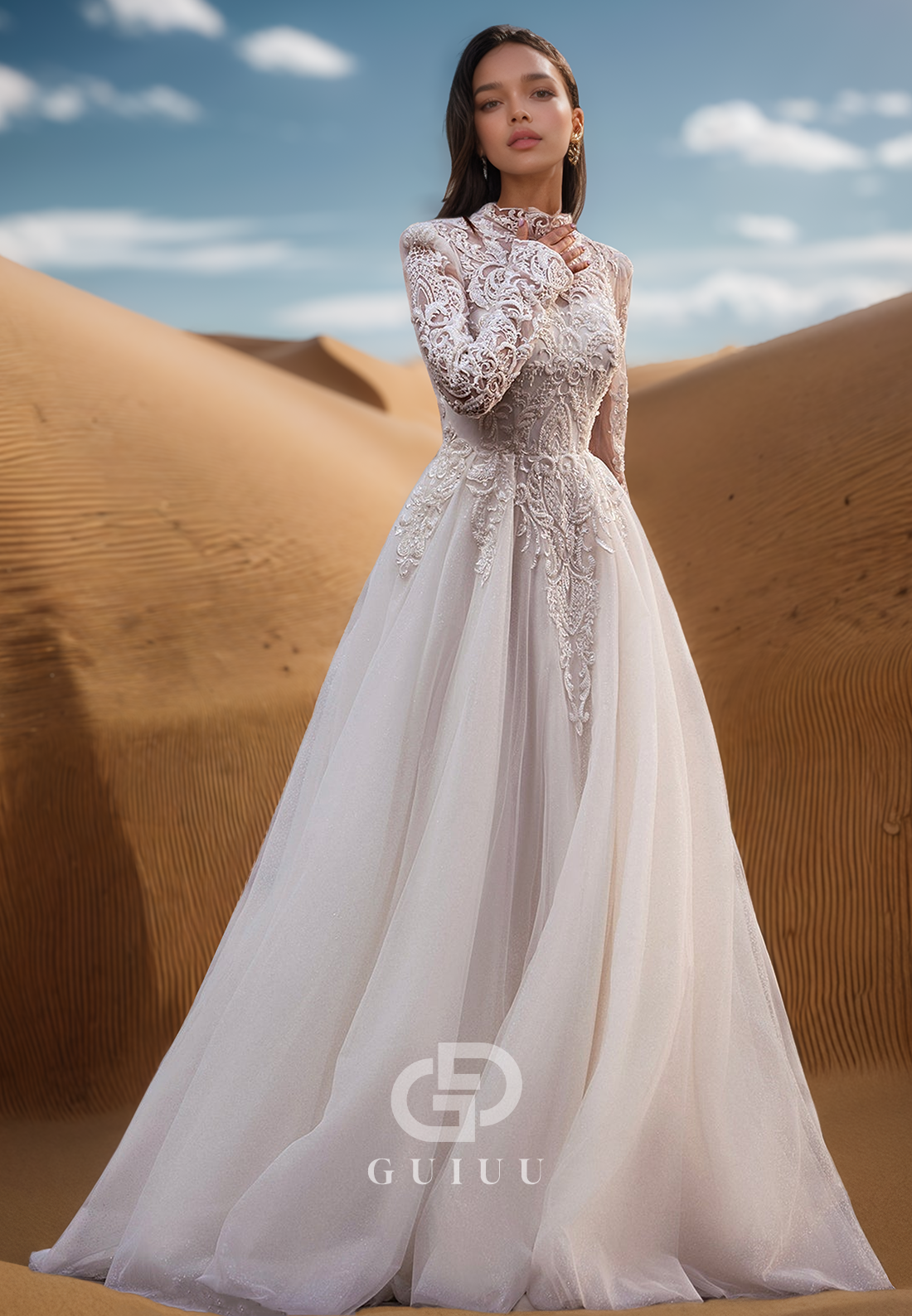 A-Line Long Sleeves High Neck Empire-Waist Lace Wedding Dress