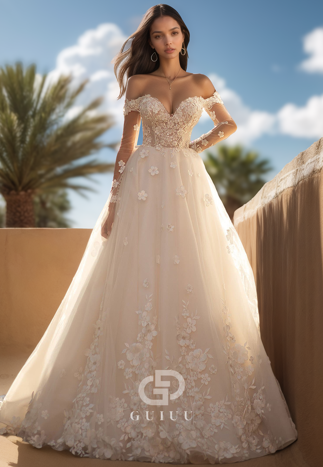 A-Line Long Sleeves Off-Shoulder Floral Appliques Lace Wedding Dress