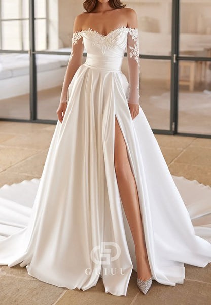 A-Line Long Sleeves Sweetheart Satin Wedding Dress