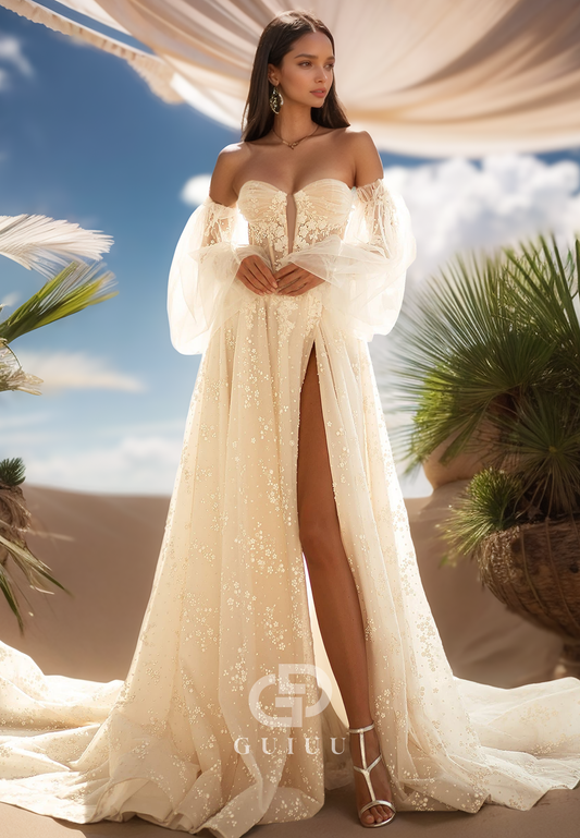 A-Line Off-Shoulder Long Sleeves Corset Tulle Slit Lace Wedding Dress