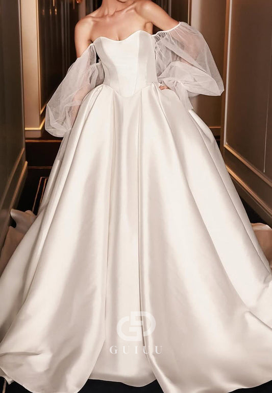A-Line Off-Shoulder Long Sleeves Satin Wedding Dress