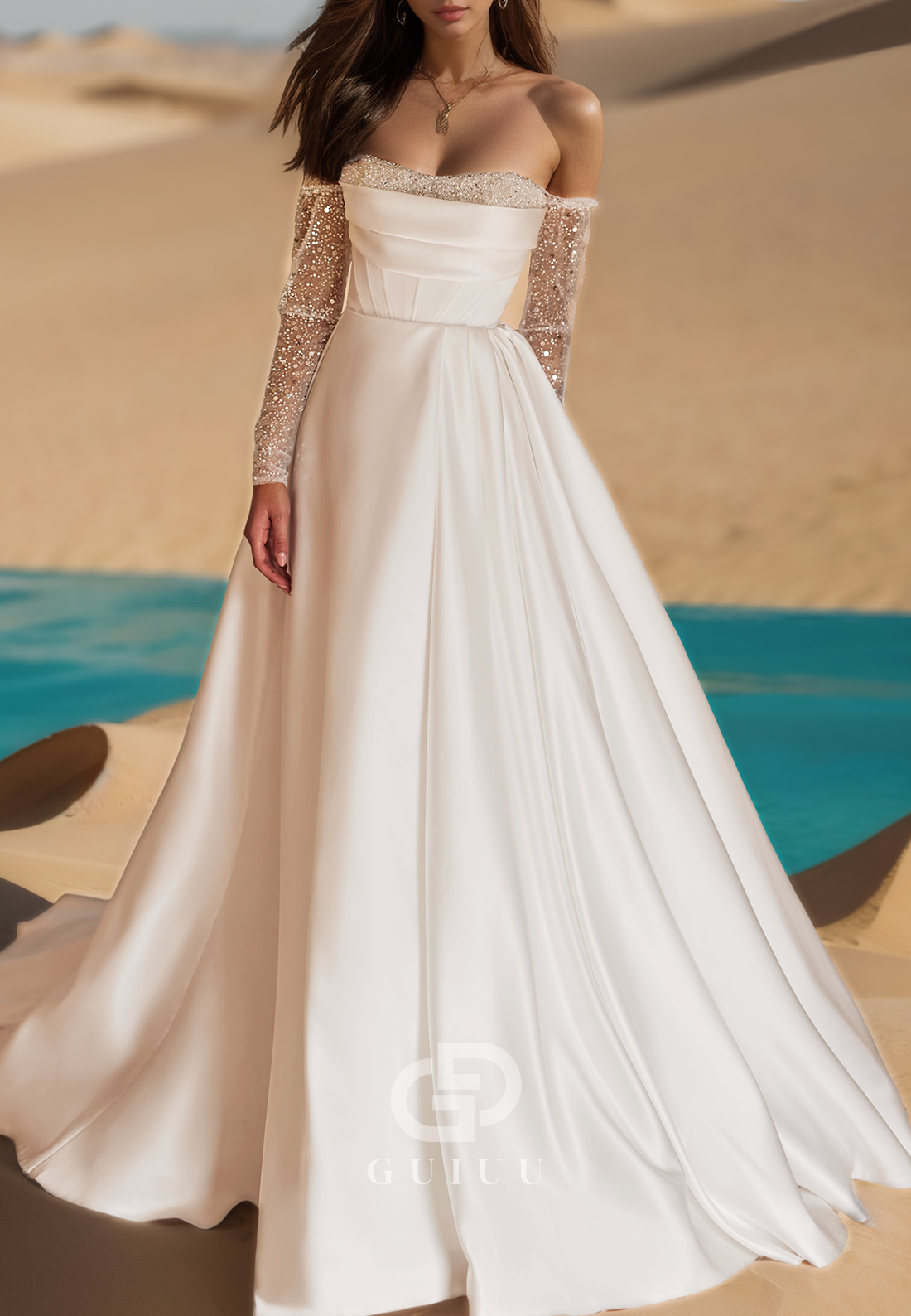 A-Line Off-Shoulder Long Sleeves Slit Sweep Train Satin Wedding Dress