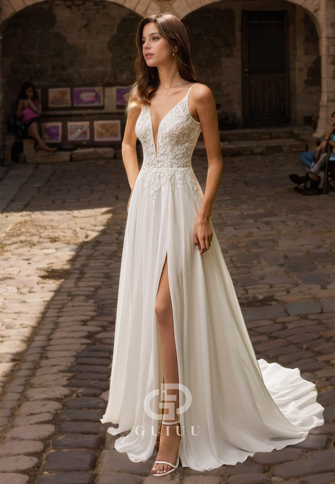 A-Line Pleated Lace Appliques Plunging V-Neck Wedding Dress with Spaghetti Straps