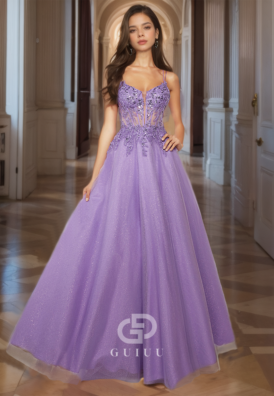 A-Line Pleated Sequined Lace-Up Prom Dress with Lace Appliques and Spaghetti Straps