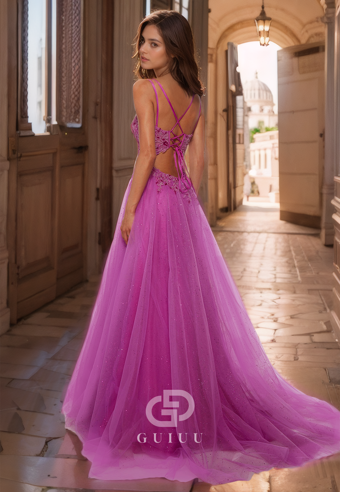 A-Line Plunging Illusion Pleated Beaded Lace-Up Prom Dress with High Slit and Lace Appliques 