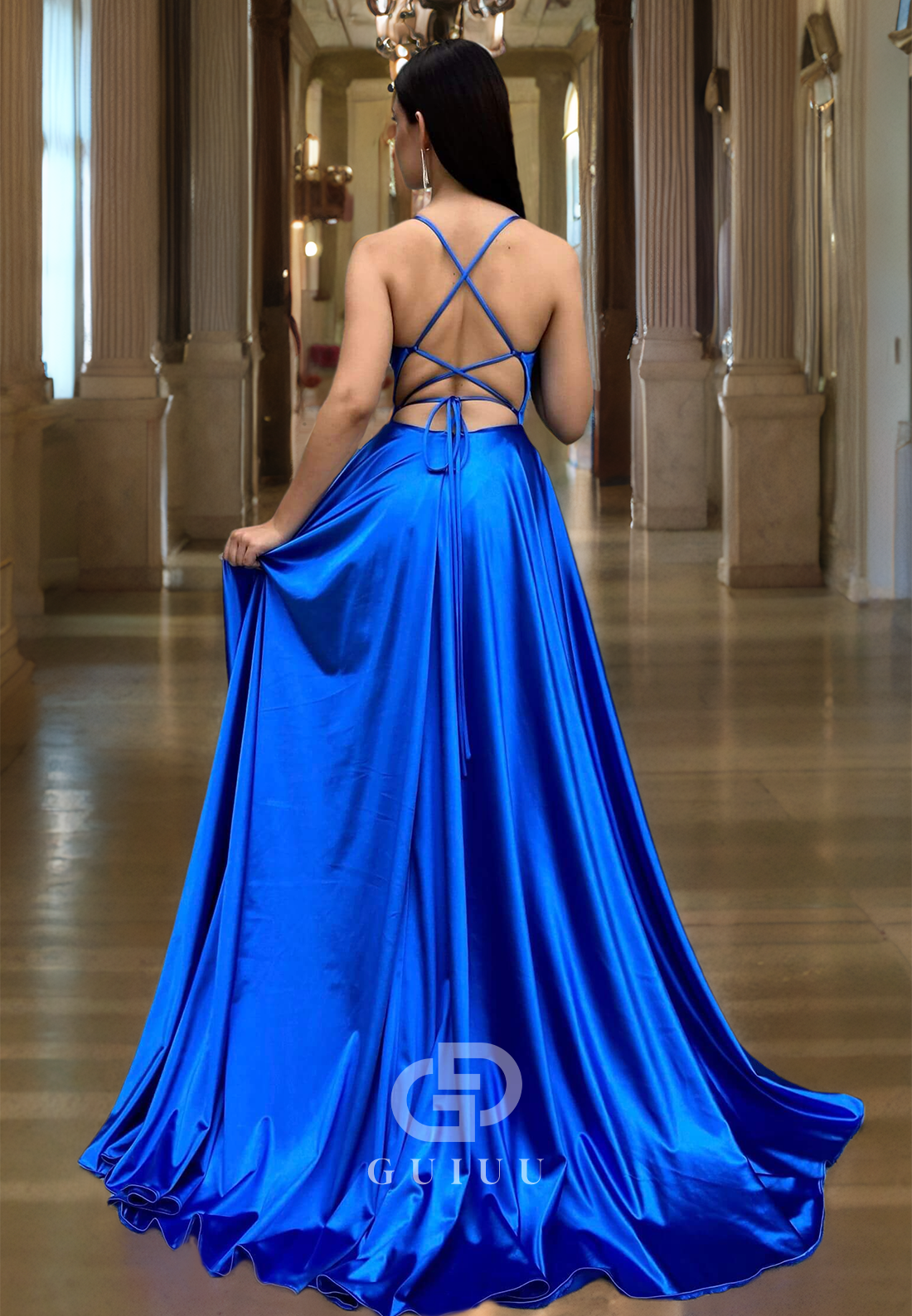 A-Line Royal Blue Ruched Strappy Sleeveless Prom Dress with Side Slit