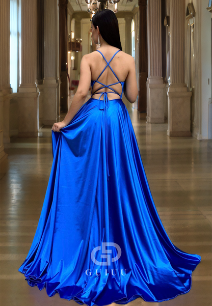 A-Line Royal Blue Ruched Strappy Sleeveless Prom Dress with Side Slit