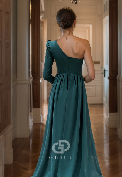 A-Line Ruched One Long Sleeve Prom Dress High Side Slit Evening Dress