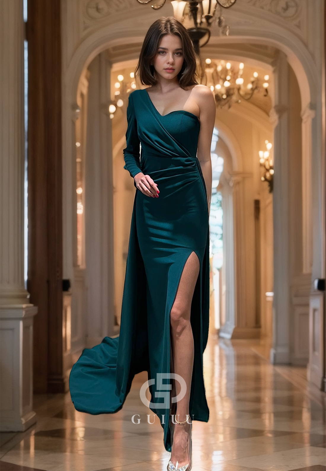 A-Line Ruched One Long Sleeve Prom Dress High Side Slit Evening Dress