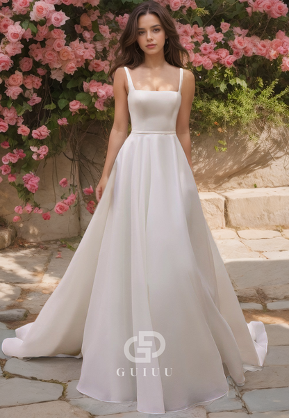 A-Line Square Trumpet Sleeveless Wedding Dress with Straps and Buttons