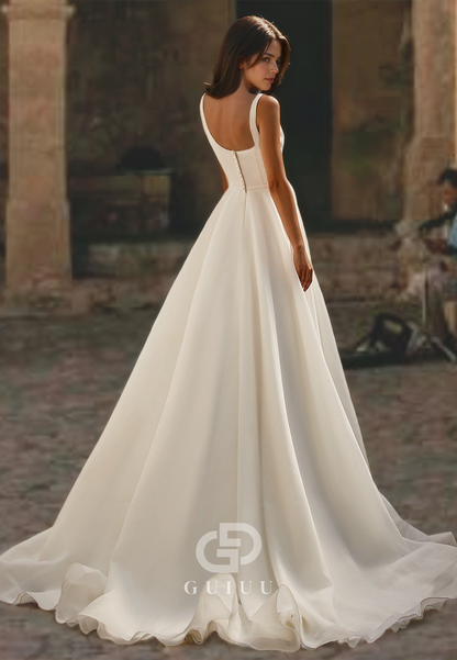 A-Line Square Trumpet Sleeveless Wedding Dress with Straps and Buttons