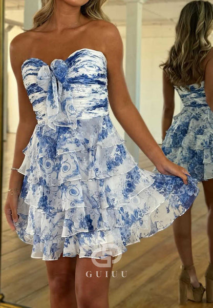 A-Line Strapless Sleeveless Ruffles Chiffon Homecoming Dress