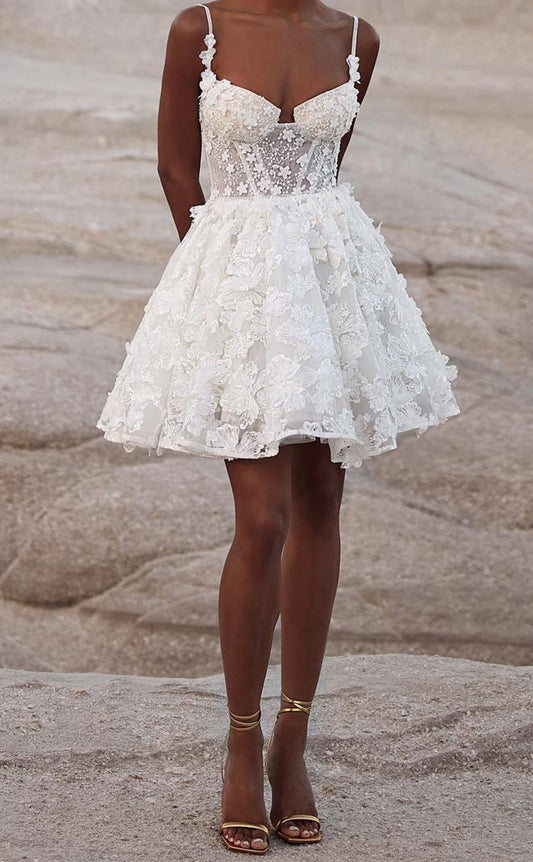 GW998 - Strapless Straps Sleeveless  Back Lace-Up Fully Lace Mini Wedding Dress